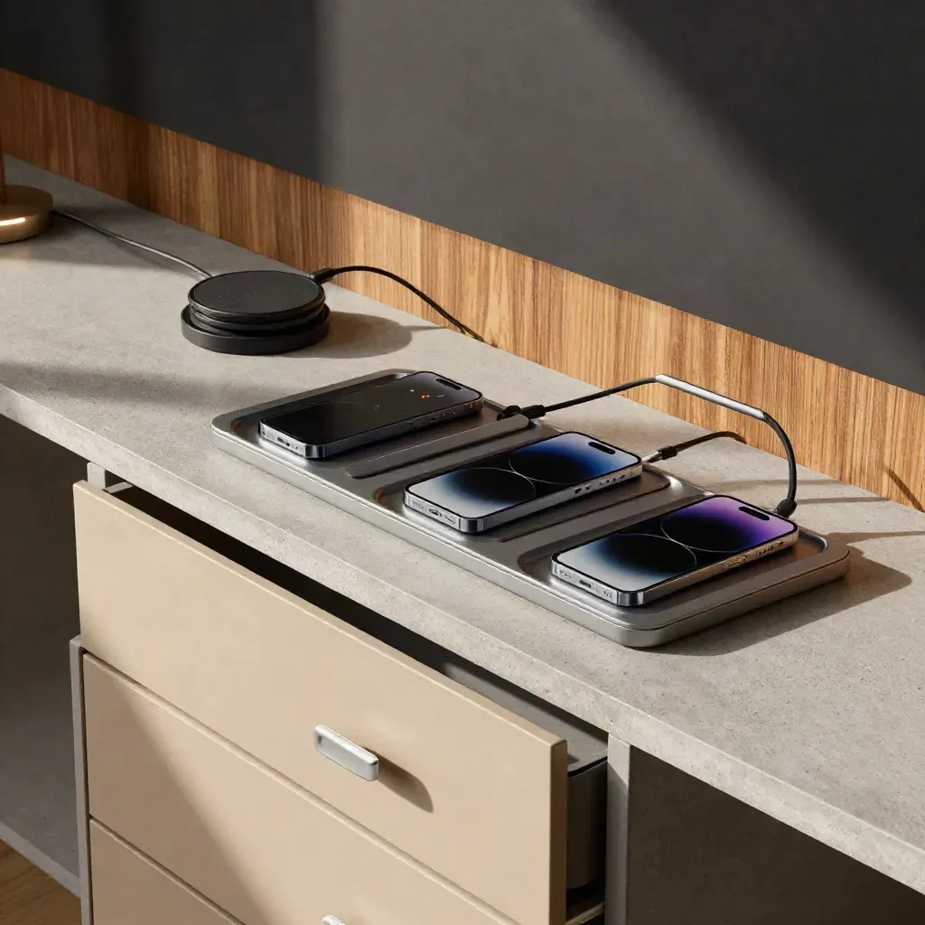 CRM-hoek met gesynchroniseerde telefoons, laders en kleurgecodeerde lades op een plank.