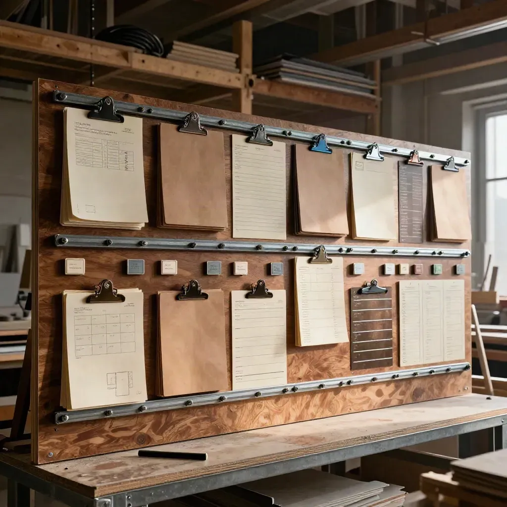 Werkplaats met projectbord, kleurmarkeringen en mappen voor een bouwteam.