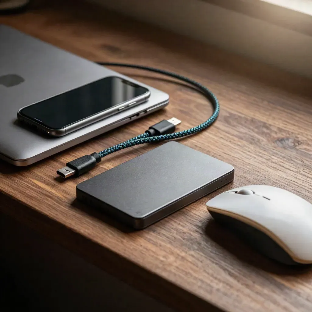 Donkere still life met smartphone, laptophoek, USB-C-kabel, muis en SSD op vilt.