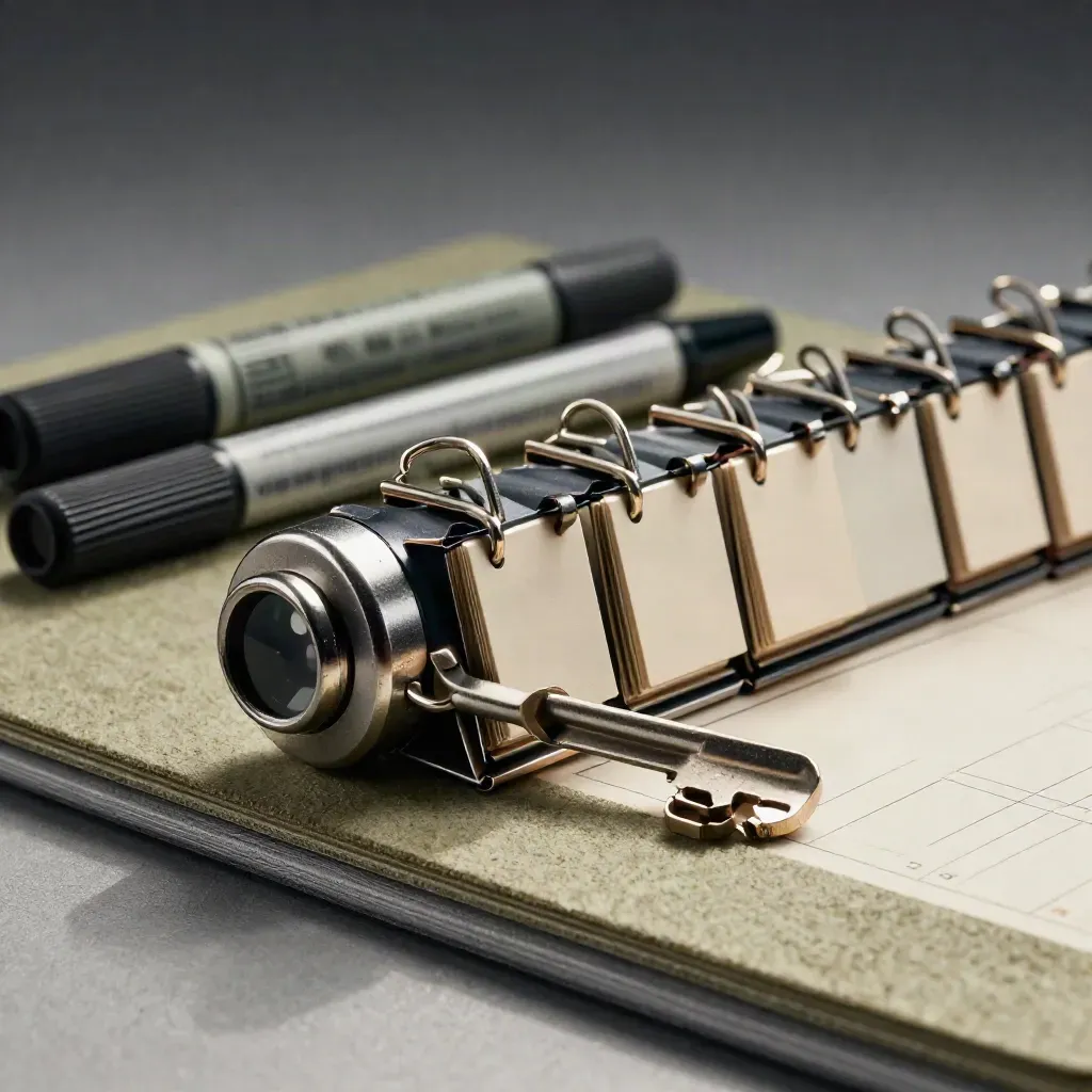 Close-up van projectmanager-tools met clips, timer en kalenderblokken op een donkere planningrail