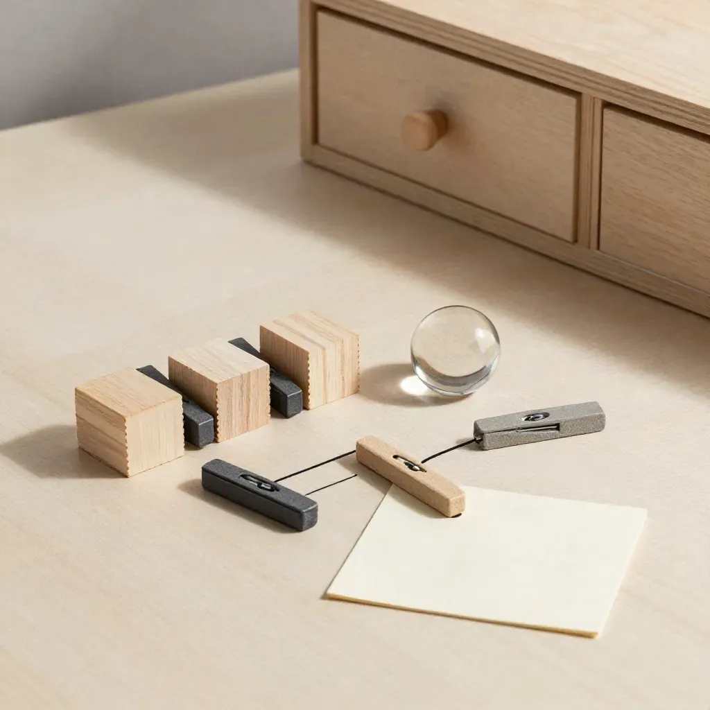 Procesmapping-set met houten blokken, clips, glazen kiezel en twee lades op licht hout.