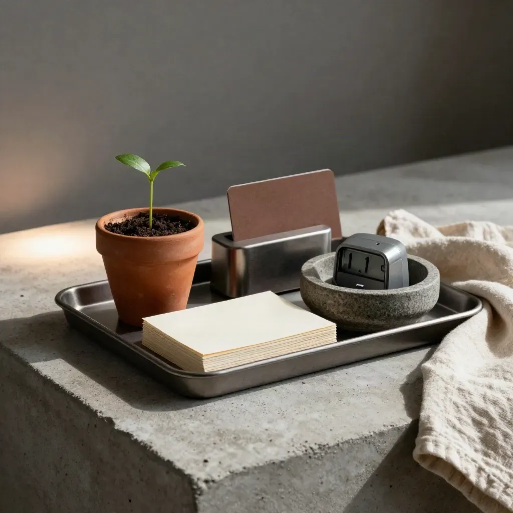 Stenen tray met plantstekje, sync-hub, blanco kaarten en timer in rustige groeisfeer.