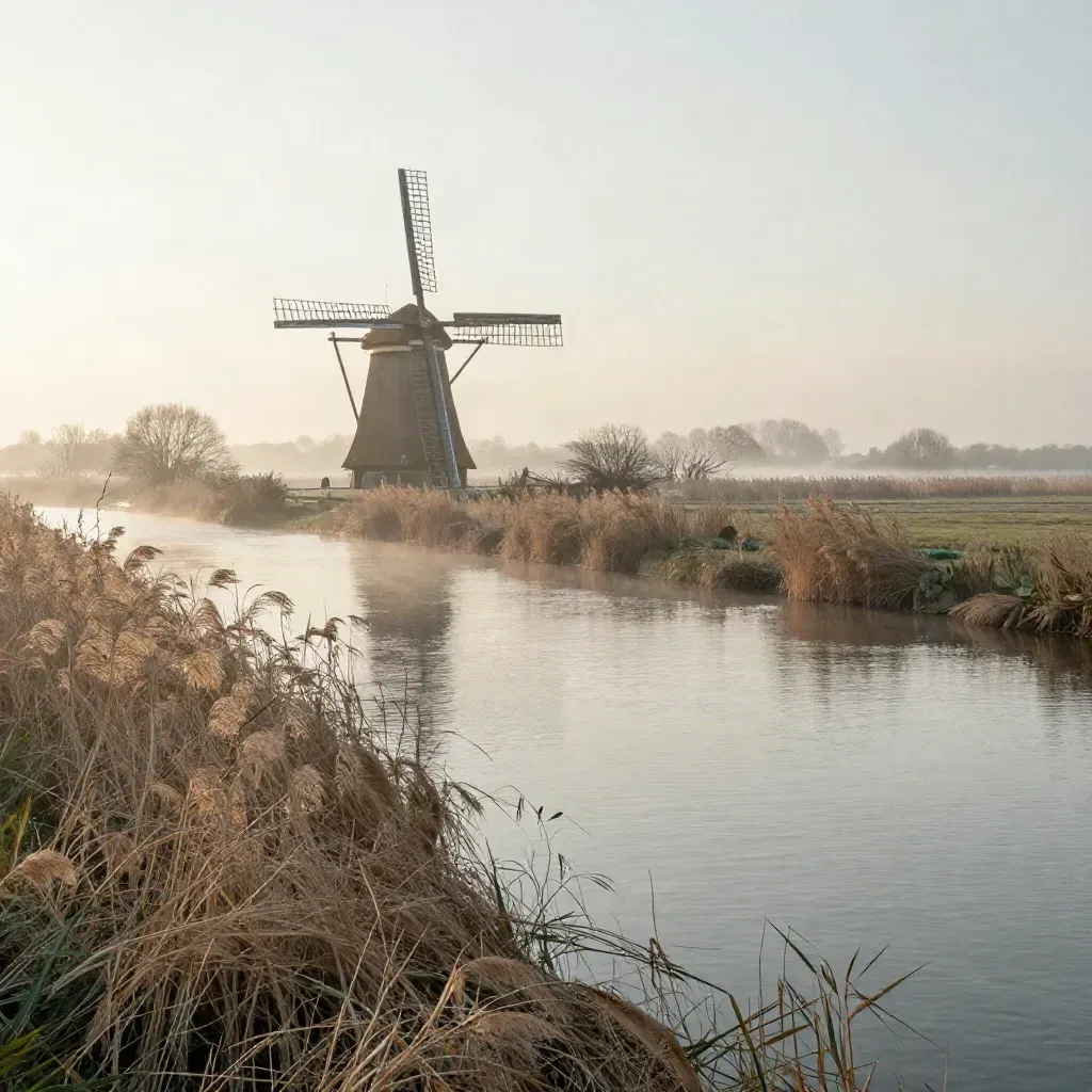 Midden-Nederlands polderland met windmolen, riet en mist boven stille vaart bij dageraad.