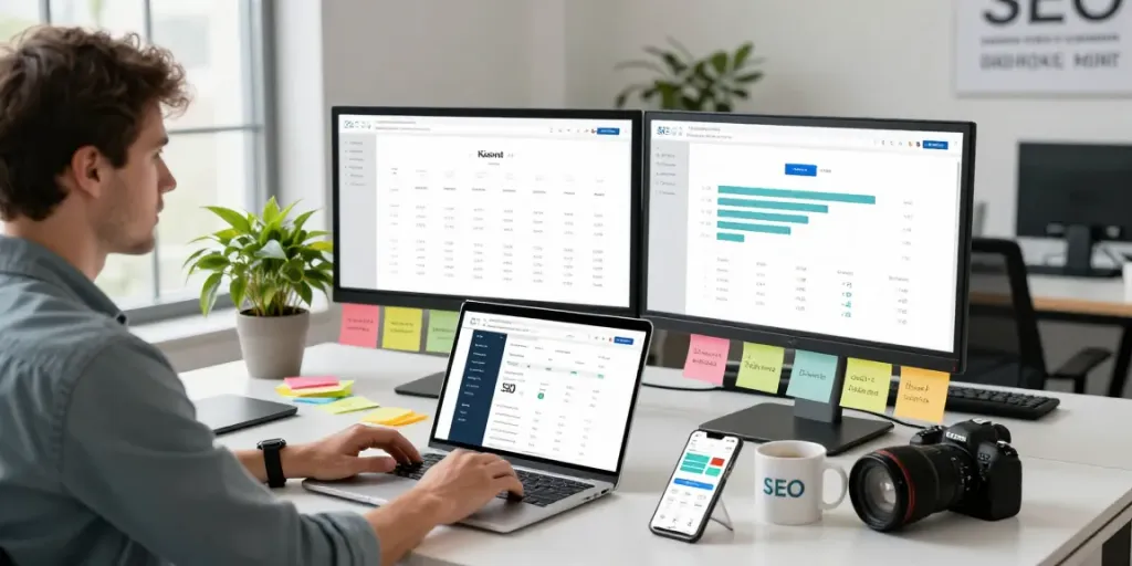 Werken aan SEO-strategieën door een SEO expert in moderne kantooromgeving.